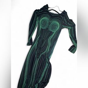 The Kript Long Sleeve Lined Maxi Dress with Green Pattern and Back Detail